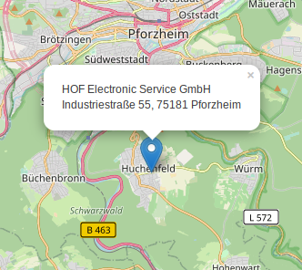 Standortkarte HOF Electronic Service GmbH in Pforzheim: Industriestraße 55, 75181 Pforzheim im Industriegebiet Huchenfeld. Die Karte zeigt die Lage südlich von Pforzheim mit Anbindung an die B463.